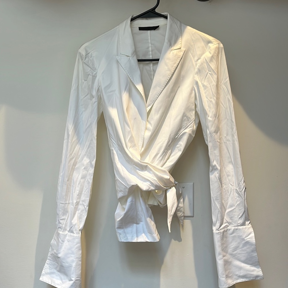 Classic 90s Donna Karan wrap top. White poplin cotton